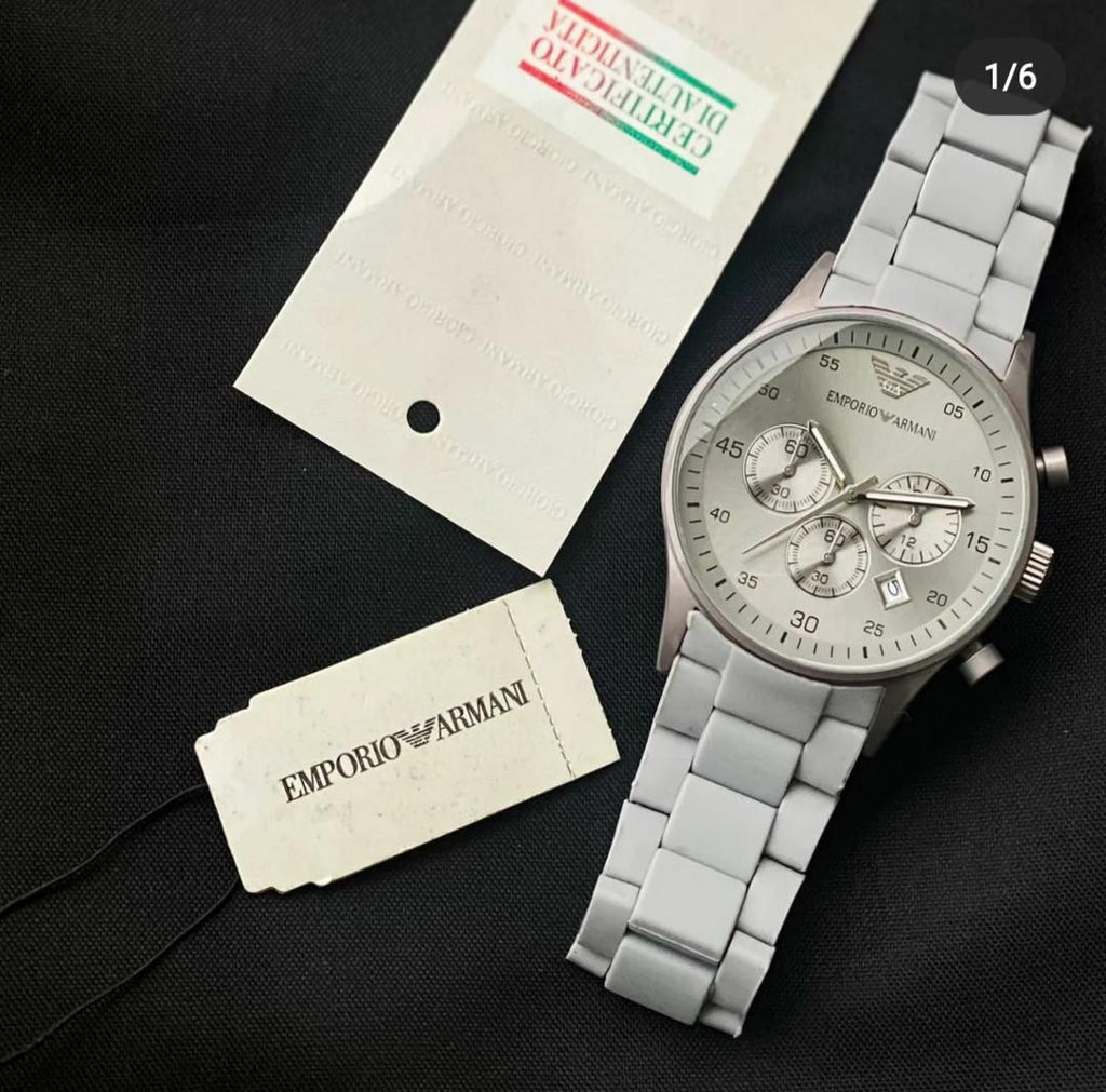 Emporio Armani Men’s Chronograph Watch – Black Fiber Strap | White Dial | Date & Stopwatch