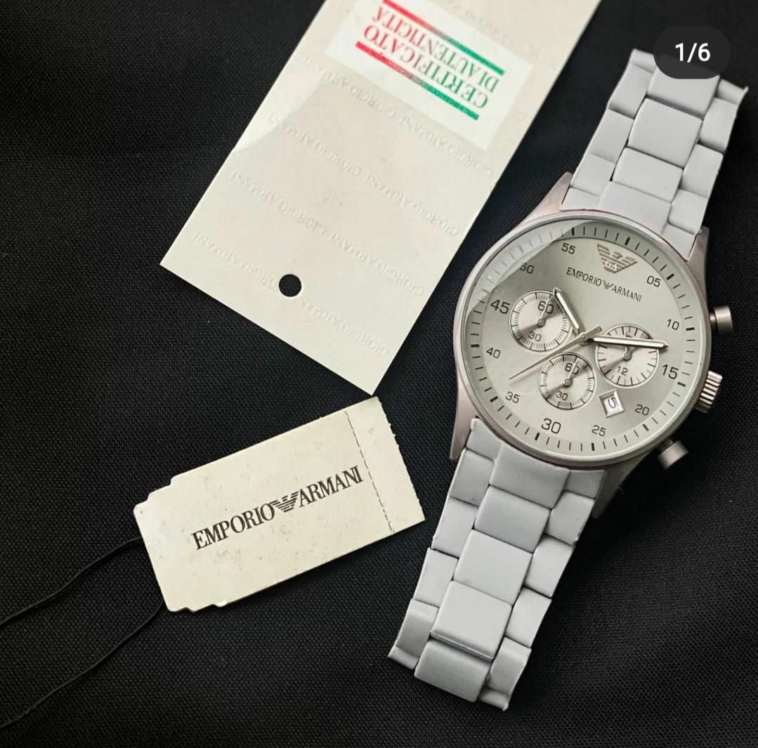 Emporio Armani Men’s Chronograph Watch – Black Fiber Strap | White Dial | Date & Stopwatch