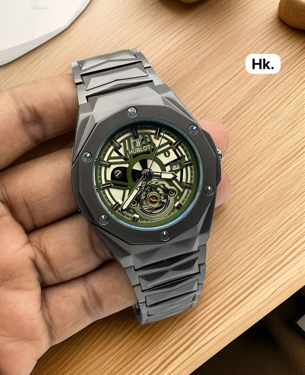 Hublot 7A Premium Men’s Watch | Working Date & 24-Hour Analog Dial | Metal Chain Quartz Wrist Watch | Original Model
